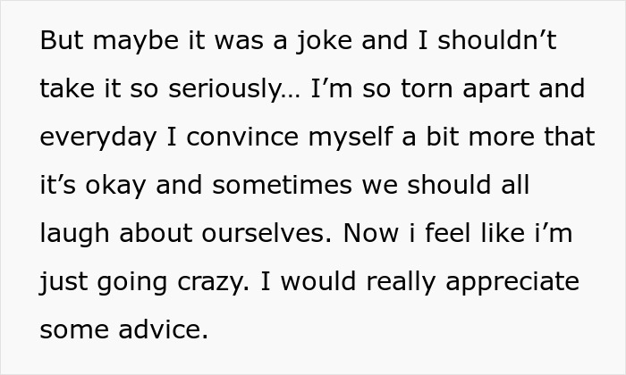 Text expressing emotional turmoil as future MIL brands bride-to-be stupid, fianc&eacute; laughs along, seeking advice and understanding.