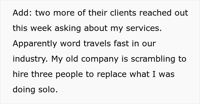Text excerpt describing an employee poaching company&rsquo;s biggest client after being laid off, highlighting client outreach and company response.