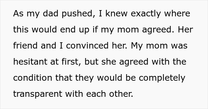 Text excerpt about dad wanting an open marriage and mom agreeing with transparency in their relationship.