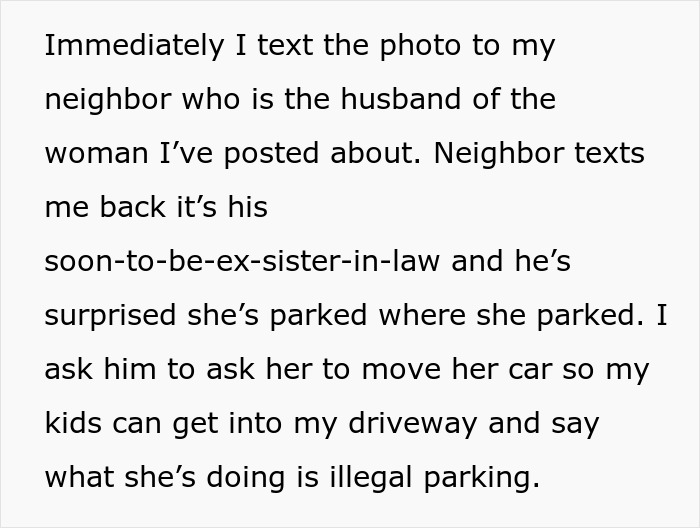 Text conversation about neighbors blocking a driveway with a car parked illegally, causing access issues.