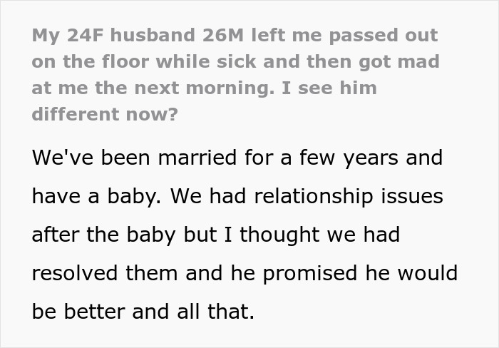 Man steps over passed out wife and leaves her behind, showing a shift in how he is seen in the relationship.