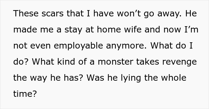 Alt text: Woman shares emotional scars after husband coerces pregnancy as punishment for cheating and controls her life.