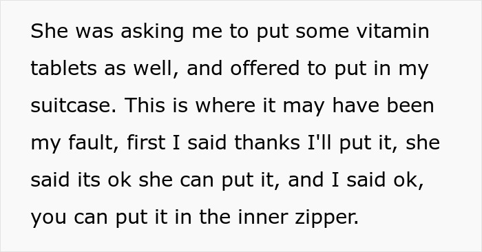 Text excerpt from a conversation about packing vitamin tablets in a suitcase, related to mil criticizing bikini suitcase.