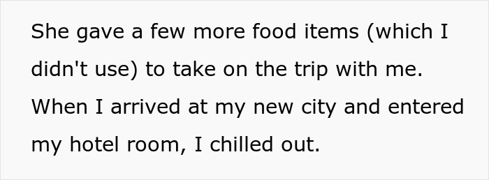 Excerpt from a personal story about mother-poisoned-me, describing food given for a trip and arrival at a hotel room.