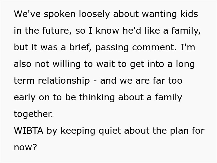 Text discussing desire for motherhood and debating hiding artificial insemination plans from a new date.