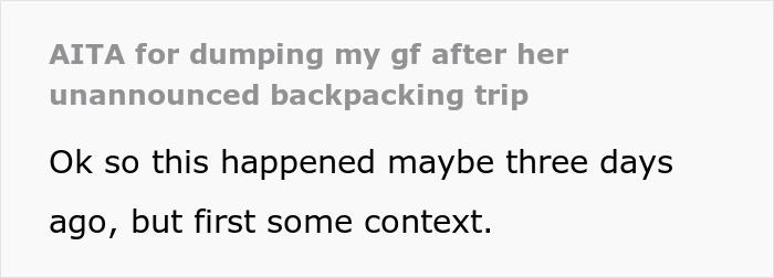 Text reading about a woman planning a solo trip and the consequences with her partner five days before leaving. Text reading about a woman planning a solo trip and the consequences with her partner five days before leaving.