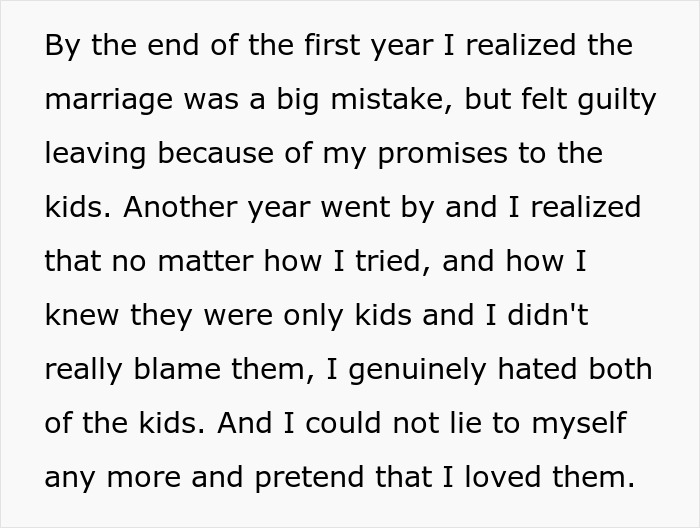 Text excerpt about a woman feeling guilty and conflicted over abandoning husband’s kids in a toxic marriage. Text excerpt about a woman feeling guilty and conflicted over abandoning husband’s kids in a toxic marriage.
