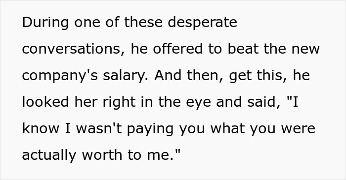 Text excerpt showing a desperate boss offering to beat new company’s salary after employee’s golden resignation. Text excerpt showing a desperate boss offering to beat new company’s salary after employee’s golden resignation.