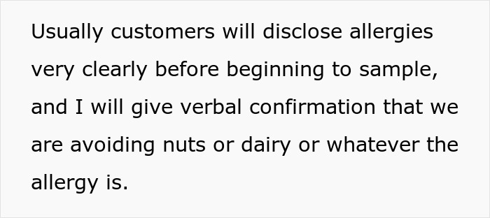 Text on screen explaining that customers usually disclose allergies before sampling and get verbal confirmation about avoiding nuts. Text on screen explaining that customers usually disclose allergies before sampling and get verbal confirmation about avoiding nuts.