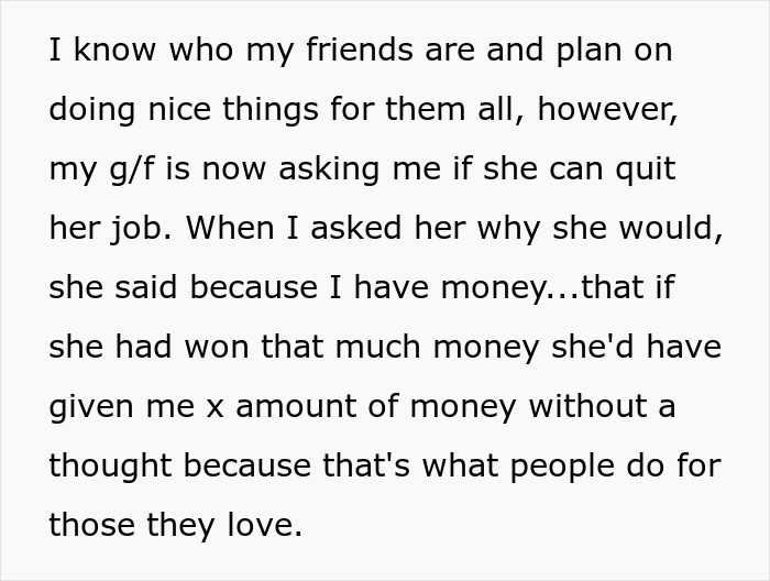 Text showing a girlfriend wanting to quit her job after her boyfriend won the lottery and has money to share.