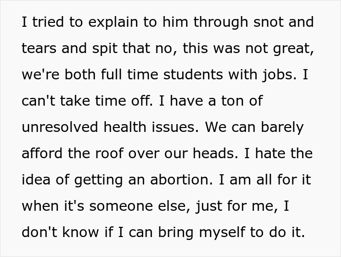 Text excerpt from a personal story describing the impact of boyfriend tampering with girlfriend’s birth control. Text excerpt from a personal story describing the impact of boyfriend tampering with girlfriend’s birth control.