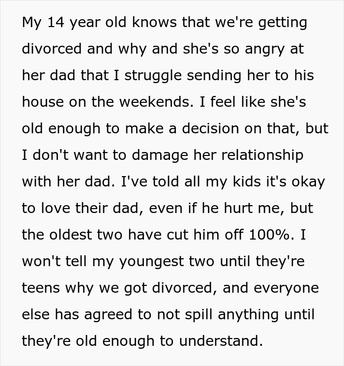 Text excerpt about a mother discussing divorce and the impact on her children&rsquo;s relationship with their dad.