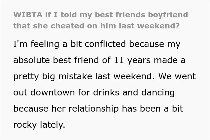 Text excerpt about woman feeling conflicted after discovering best friend&rsquo;s affair and considering telling her boyfriend.