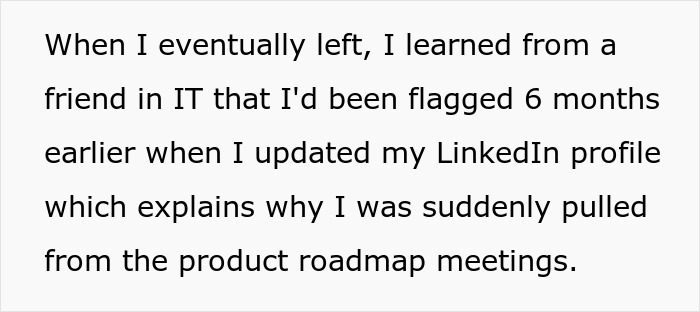 Text highlighting corporate spying on staff revealed after employee sidelined and flagged following LinkedIn profile update at work.