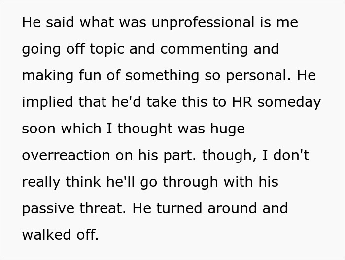 Text excerpt about workplace harassment where a coworker mocks colorful socks and mentions involving HR. Text excerpt about workplace harassment where a coworker mocks colorful socks and mentions involving HR.