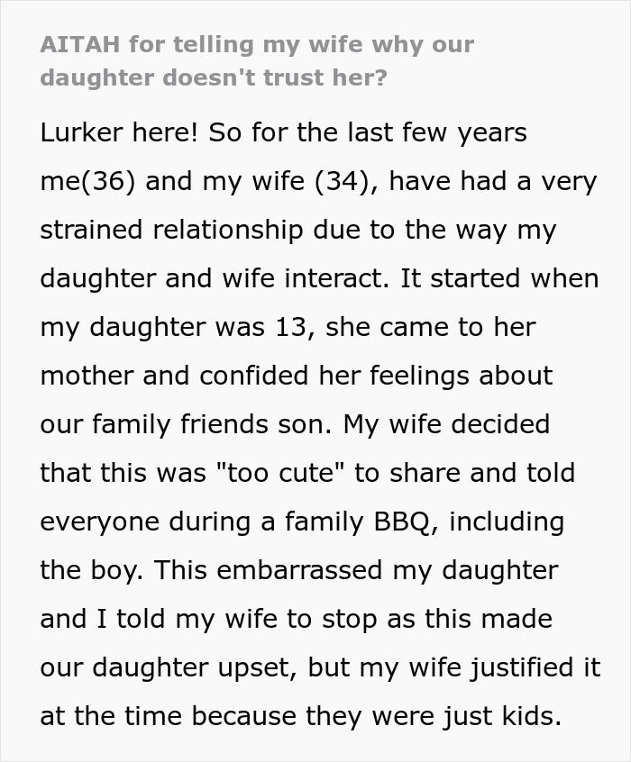 Text excerpt about telling wife why daughter doesn't trust her, explaining strained family relationship and daughter's feelings.