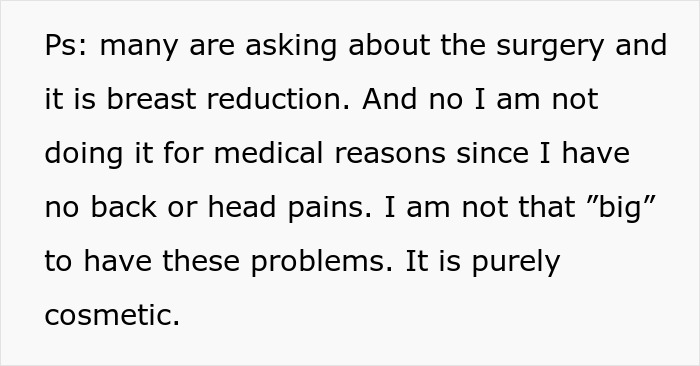 Text explaining a woman&rsquo;s decision for breast reduction surgery, clarifying it&rsquo;s cosmetic, not medical.