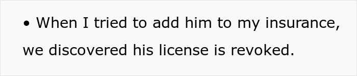 Text on screen showing a message about discovering a man's revoked license after trying to add him to insurance.