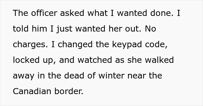 Text excerpt about a lady locking out her affair partner&rsquo;s kid in winter near the Canadian border.