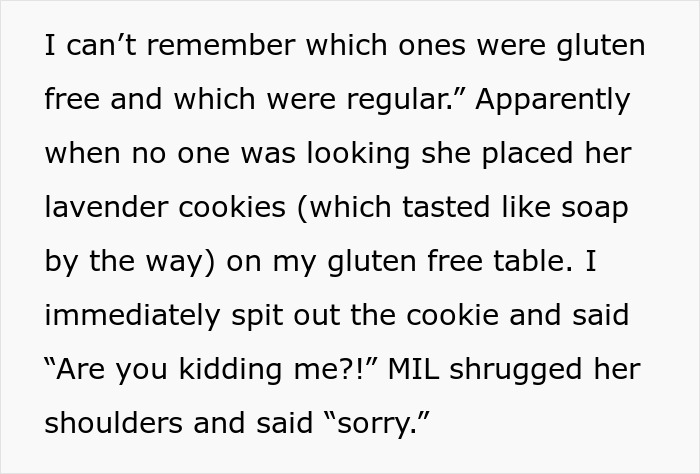 Text about gluten treat sabotage at allergy-safe baby shower causing distress for allergic DIL. Text about gluten treat sabotage at allergy-safe baby shower causing distress for allergic DIL.