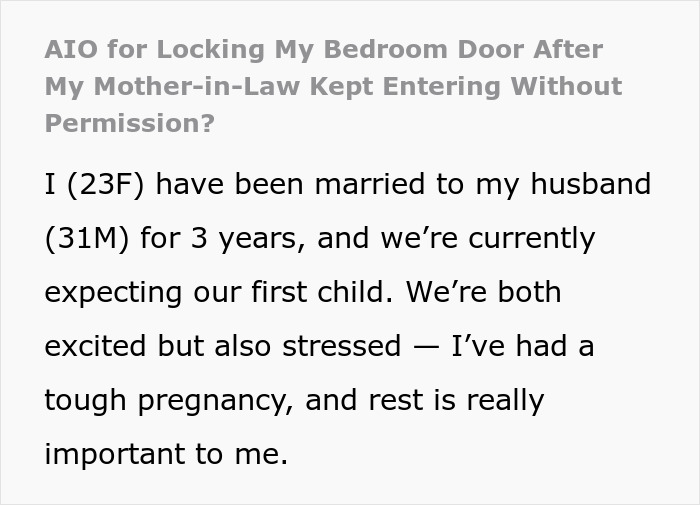 Text from a woman explaining her tough pregnancy and why rest is crucial, addressing issues with her mother-in-law entering her bedroom.