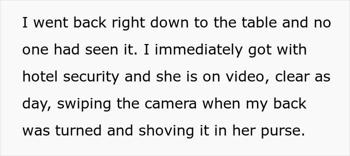 Text describing a man catching a friend stealing his boyfriend&rsquo;s camera and confronting her about it.