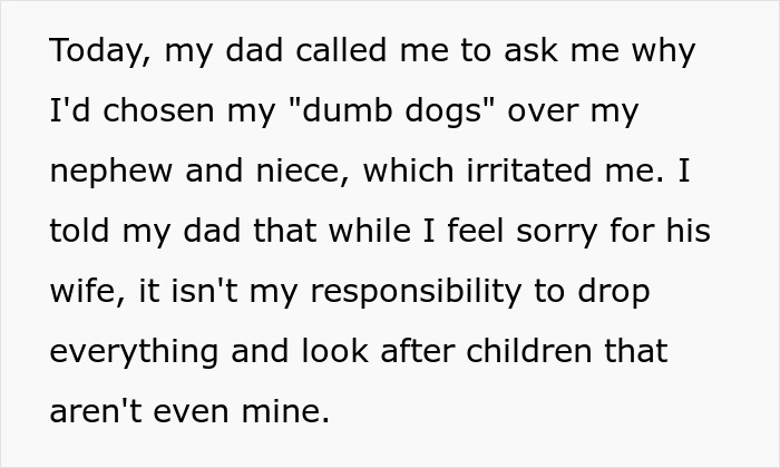 Text message about refusing to look after brother's children, prioritizing personal responsibilities and pets instead. Text message about refusing to look after brother's children, prioritizing personal responsibilities and pets instead.