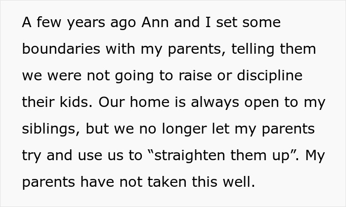 Text excerpt about setting boundaries with parents who made son raise siblings, highlighting challenges of family responsibility and conflict.