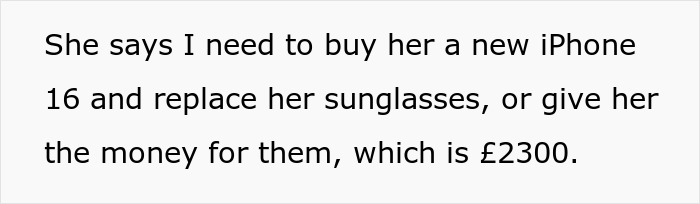 Text excerpt discussing a woman refusing to pay &pound;2,300 after a baby breaks an iPhone and Gucci sunglasses.