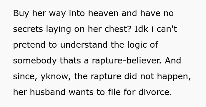 Text excerpt discussing Christian rapture beliefs and a husband's reaction involving money and relationship issues.