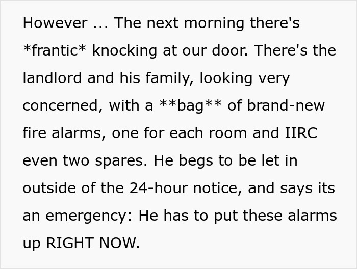 Frantic landlord and family urgently delivering fire alarms, seeking entry outside 24-hour notice in landlord malicious compliance drama.