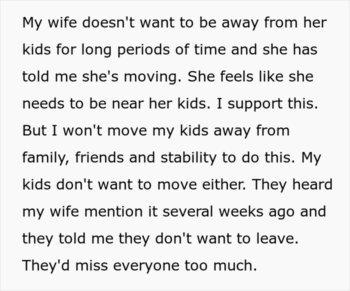 Text discussing challenges in marriage, kids, and stepkids relationship when considering moving and family stability.