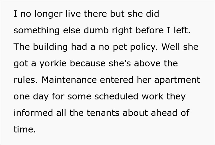 Text excerpt describing neighbor&rsquo;s rule-breaking with a dog in a no-pet policy building.