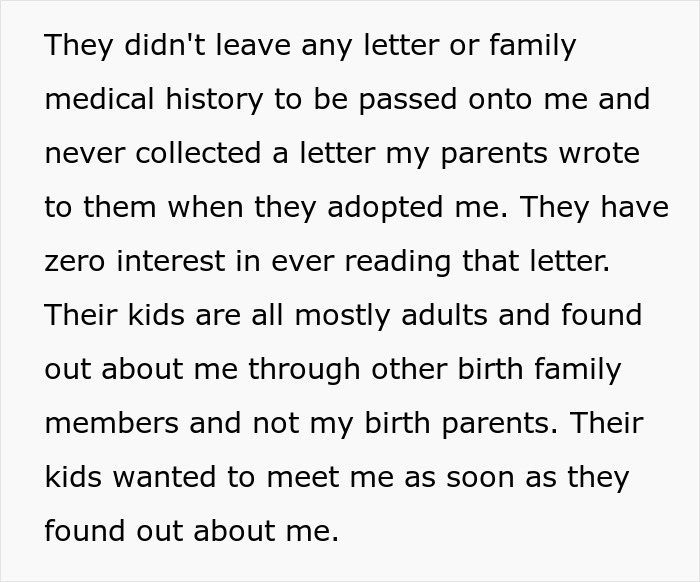 Text excerpt about man&rsquo;s birth family tracking him down after abandoning him, revealing no family history or letters were left behind.