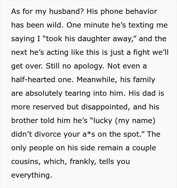 Text excerpt showing a husband&rsquo;s erratic phone behavior and family reactions after being called out by his pregnant wife.