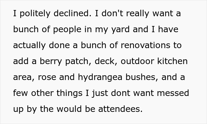 Text excerpt showing a woman&rsquo;s refusal to allow a stranger&rsquo;s wedding in her backyard due to renovations and privacy concerns.