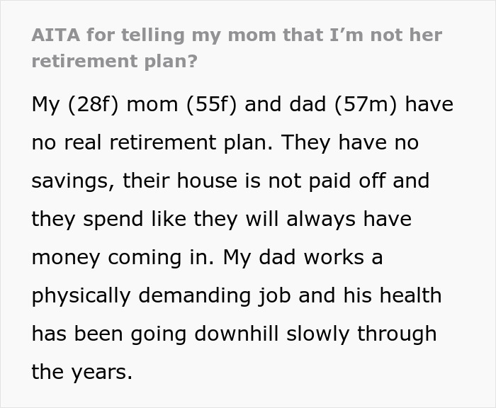 Text excerpt from an online forum post about a mom retirement plan and family financial struggles.