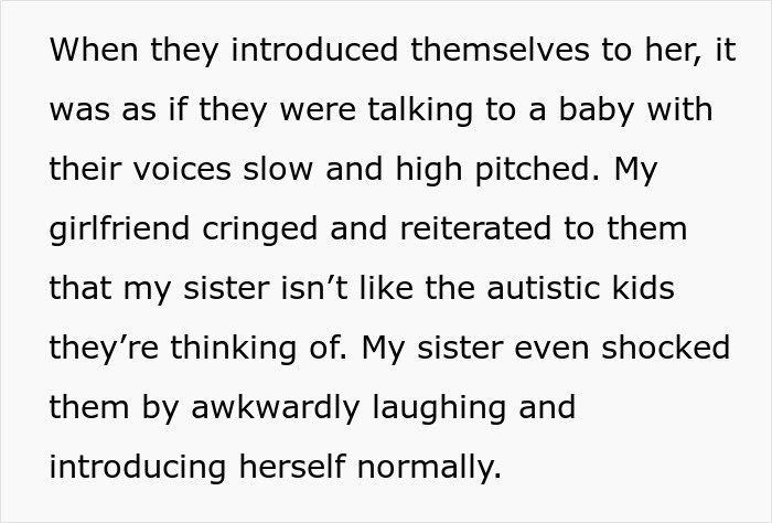 Text showing a man describing how his girlfriend&rsquo;s parents spoke slowly, treating his autistic sister differently, causing awkward interactions.