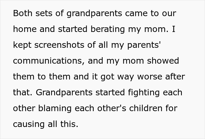 Text excerpt discussing family conflicts after mom's open marriage, highlighting dad's fury and grandparents' involvement.