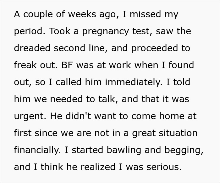 Text excerpt describing a girlfriend discovering pregnancy and boyfriend’s reaction after tampering with birth control. Text excerpt describing a girlfriend discovering pregnancy and boyfriend’s reaction after tampering with birth control.