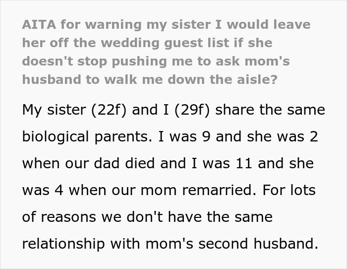 Text excerpt about bride refusing mom's husband to walk her down the aisle, causing conflict with her sister.