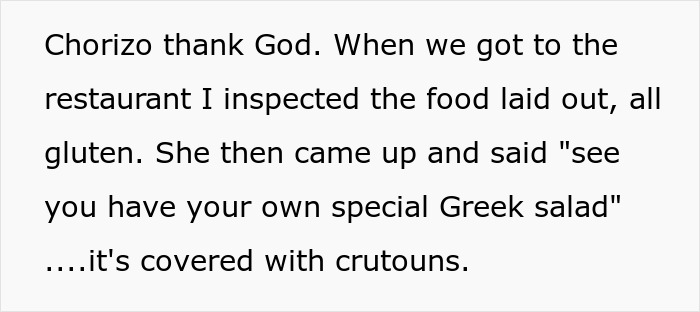 Text excerpt from a woman describing her allergy concerns at a restaurant, highlighting deliberate triggering by MIL. Text excerpt from a woman describing her allergy concerns at a restaurant, highlighting deliberate triggering by MIL.