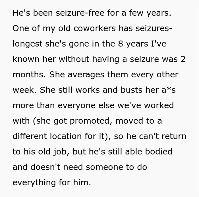 Text excerpt discussing seizures and work ethic, highlighting a disabled bro portrayed as lazy and entitled by mommy dearest.