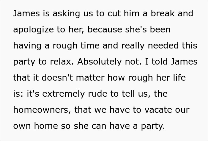 Text discussing a woman accusing homeowners of ruining her party by refusing to leave their home.
