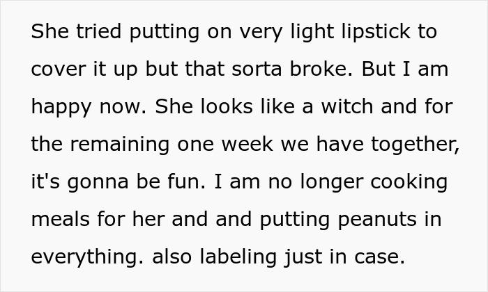 Text excerpt about a serial food thief with peanut allergy, detailing consequences of stealing a roommate&rsquo;s dinner.