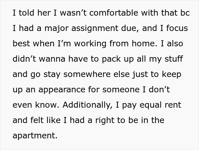 Text excerpt showing a student explaining discomfort about leaving home to keep appearances for roommate's Muslim mom. Text excerpt showing a student explaining discomfort about leaving home to keep appearances for roommate's Muslim mom.