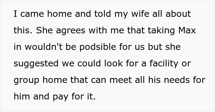 Text discussing siblings clashing over care for autistic brother, with one refusing to take him in.