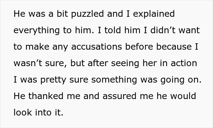 Text excerpt describing an employee explaining suspicions about a pet store manager who defrauded the store.