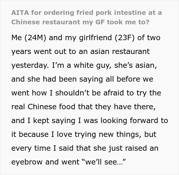 Text excerpt about ordering fried pork intestine at an Asian restaurant including a couple&rsquo;s dining experience and cultural food advice.