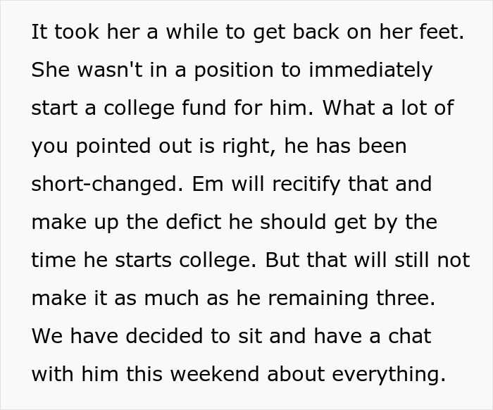 Alt text: Text discussing college fund issues and family decisions related to a stepson&rsquo;s financial support.